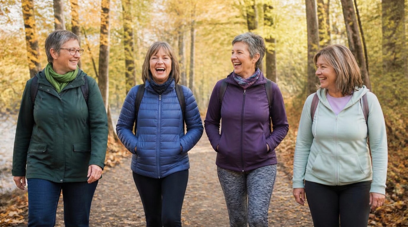 Women in their fifties walking together on a wooded trail in autumn light