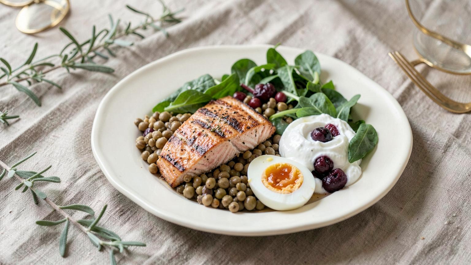 A simple nourishing plate of salmon, lentils, egg, leafy greens and yoghurt with berries on a linen tablecloth