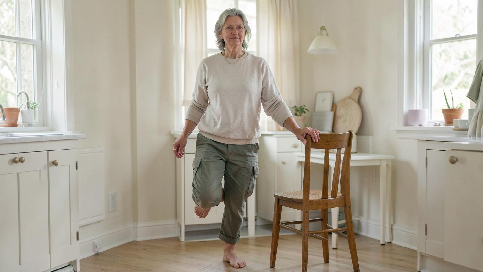 A grey-haired woman practising a single-leg balance at home, resting one hand lightly on the back of a wooden chair