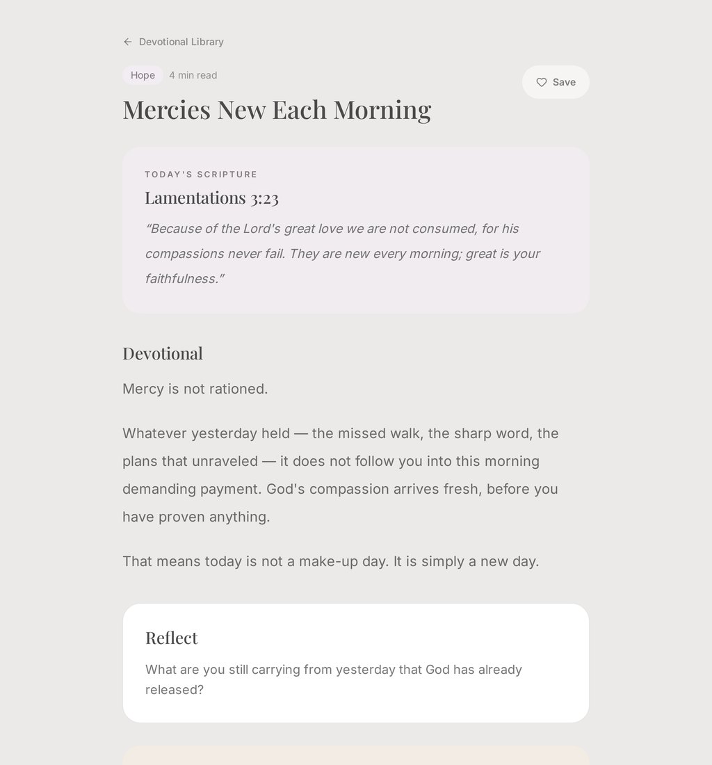 A HolyFit45 devotional page titled Mercies New Each Morning, showing the Scripture, devotional text, and a reflection prompt.