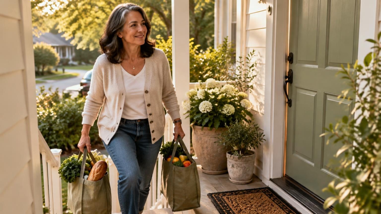 A woman in her fifties smiling as she carries two full grocery bags up her front porch steps in late afternoon light