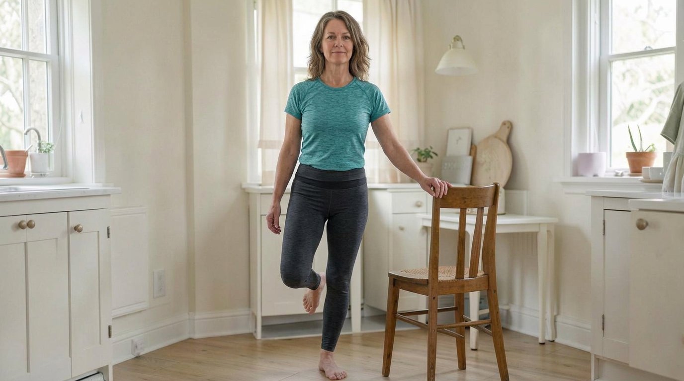 Woman doing a chair-supported bodyweight strength exercise at home for HolyFit45.