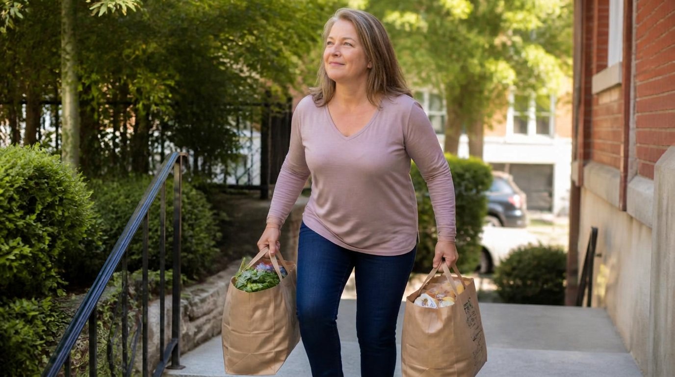 A woman in her late fifties carrying two bags of groceries up outdoor steps in daylight