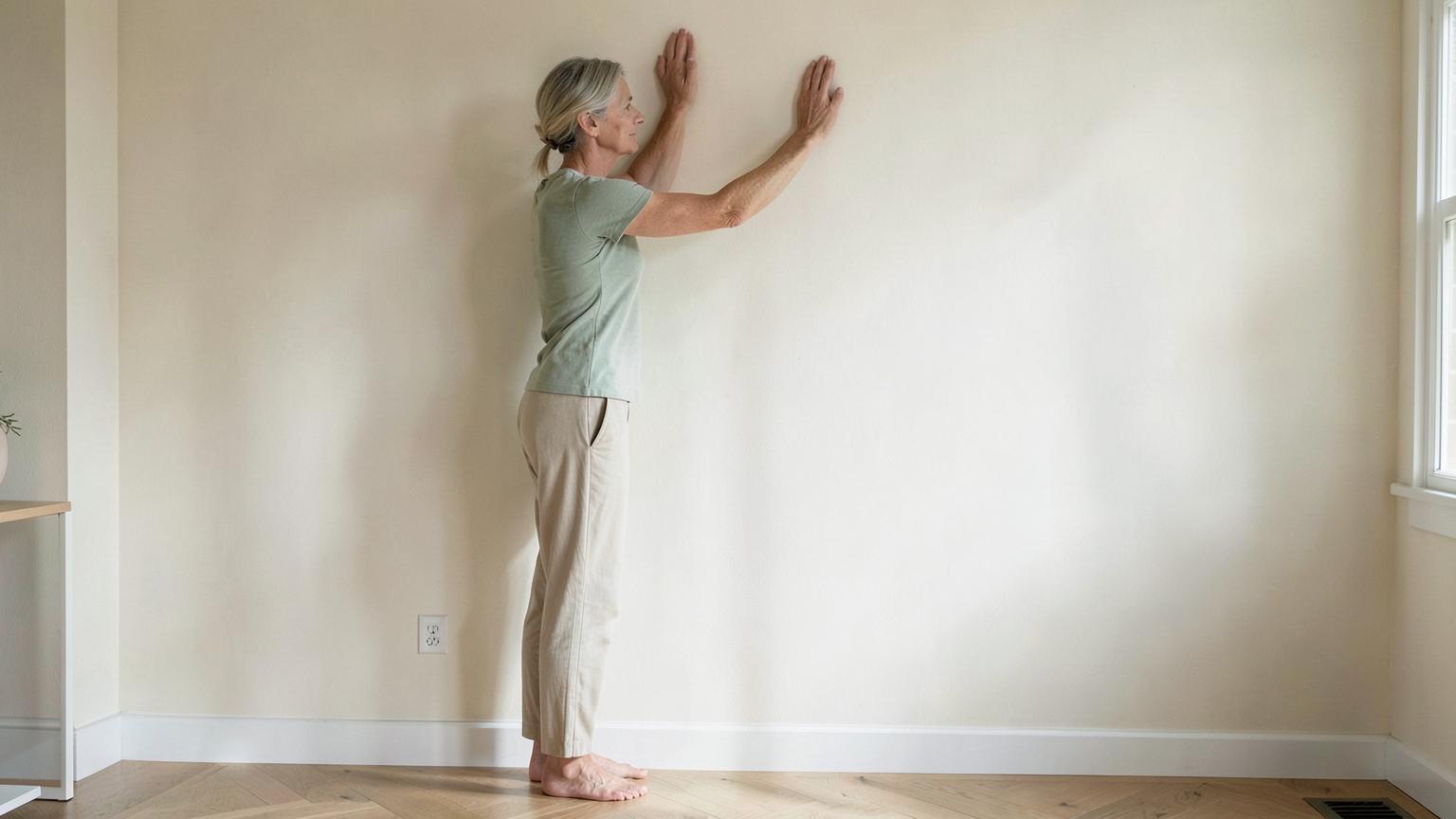 A woman in her fifties doing a slow standing wall push-up in a calm, sunlit ivory room