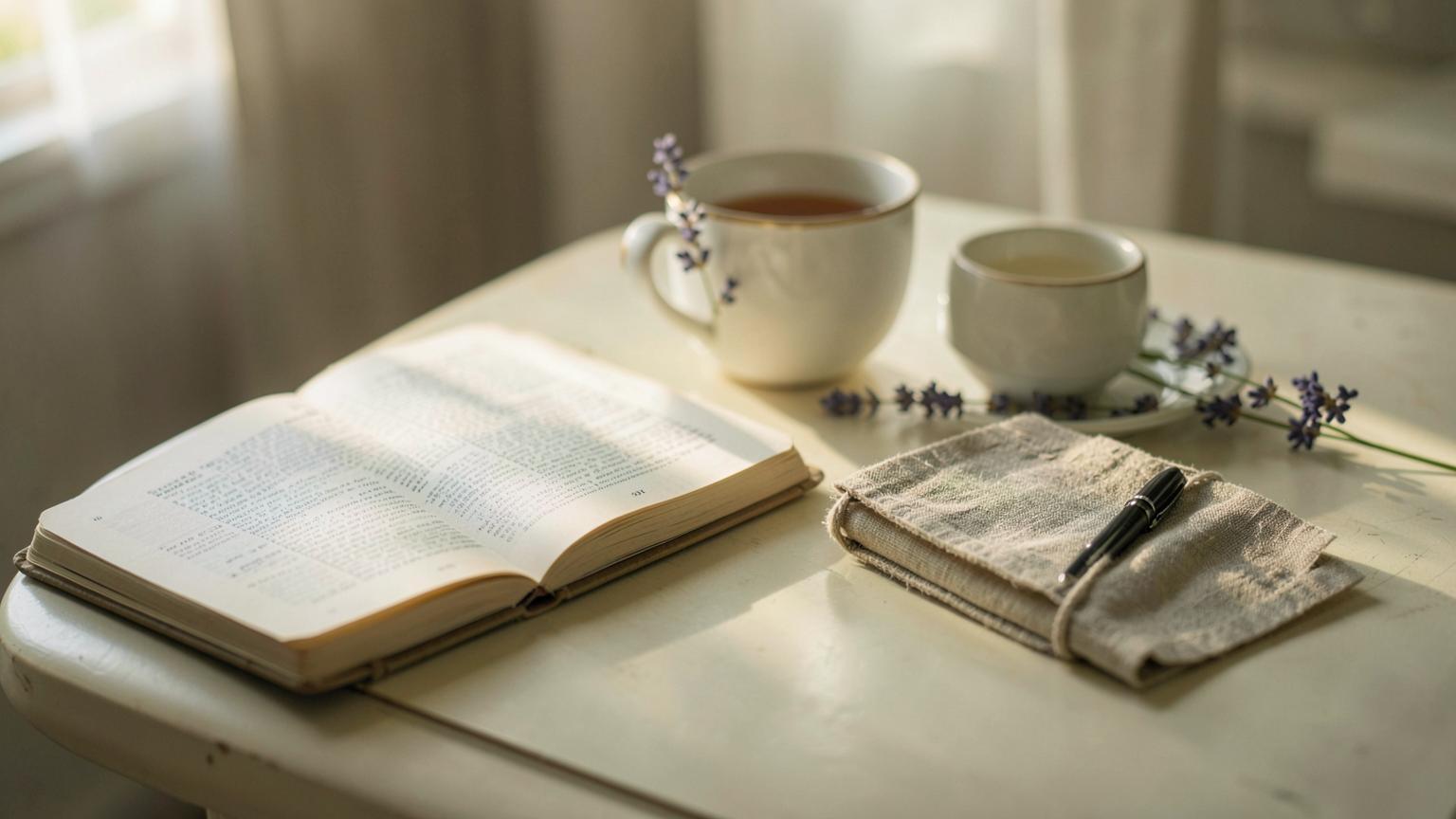 An open Bible and a linen journal on a pale table beside a cup of tea and a sprig of lavender in soft morning light
