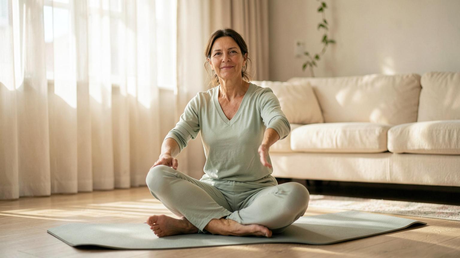 A woman in her fifties sitting on a yoga mat in a sunlit living room, easing through a gentle morning shoulder stretch