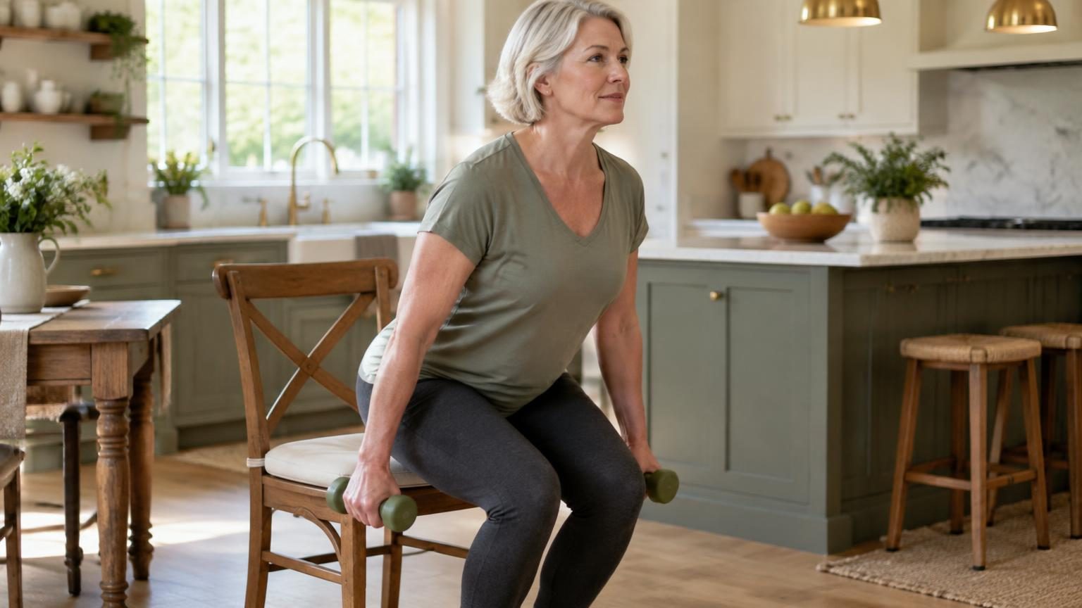 A woman in her fifties holding light dumbbells as she stands up from a wooden kitchen chair during a sit-to-stand exercise
