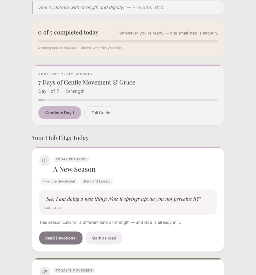 The HolyFit45 Today screen showing a Scripture line, a daily progress bar, the 7-day journey card, and today's devotional.
