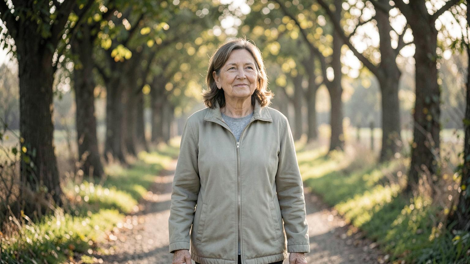 A woman in her late fifties walking a quiet tree-lined path in soft early morning light, looking peaceful and reflective
