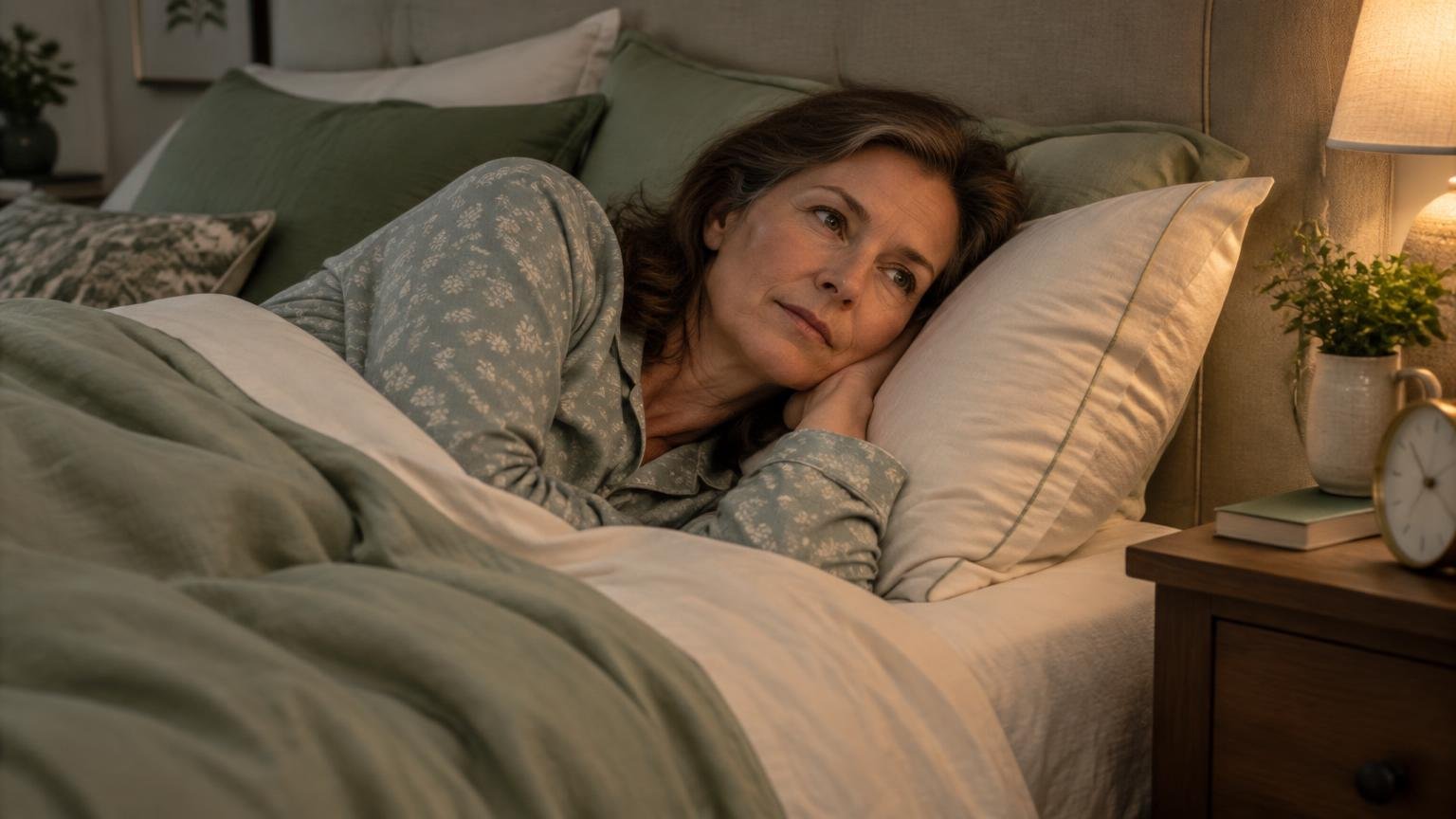 Woman awake in bed at 2:30 a.m. for HolyFit45 article about perimenopause sleep.