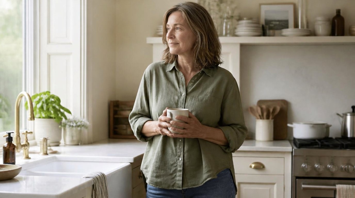 A woman in her fifties standing in a sunlit kitchen with a mug of coffee, looking calm and content