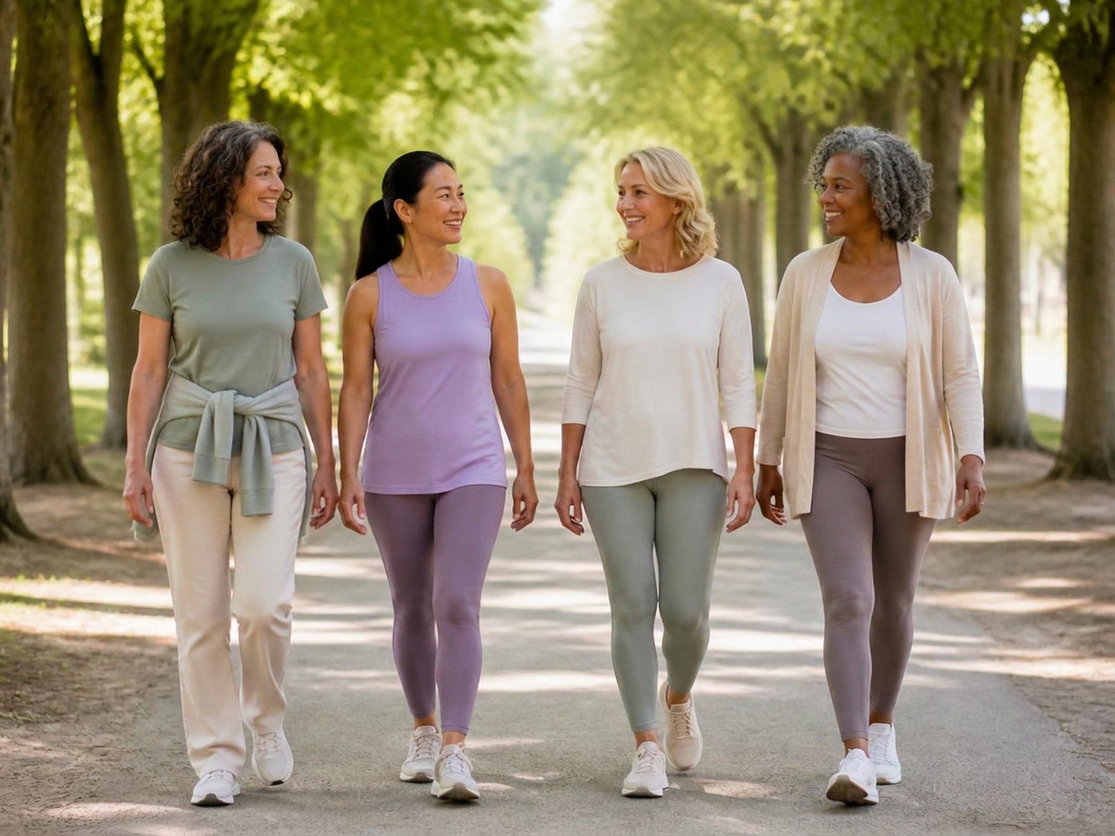 Four women in their forties and fifties walking and laughing together along a tree-lined path in morning light