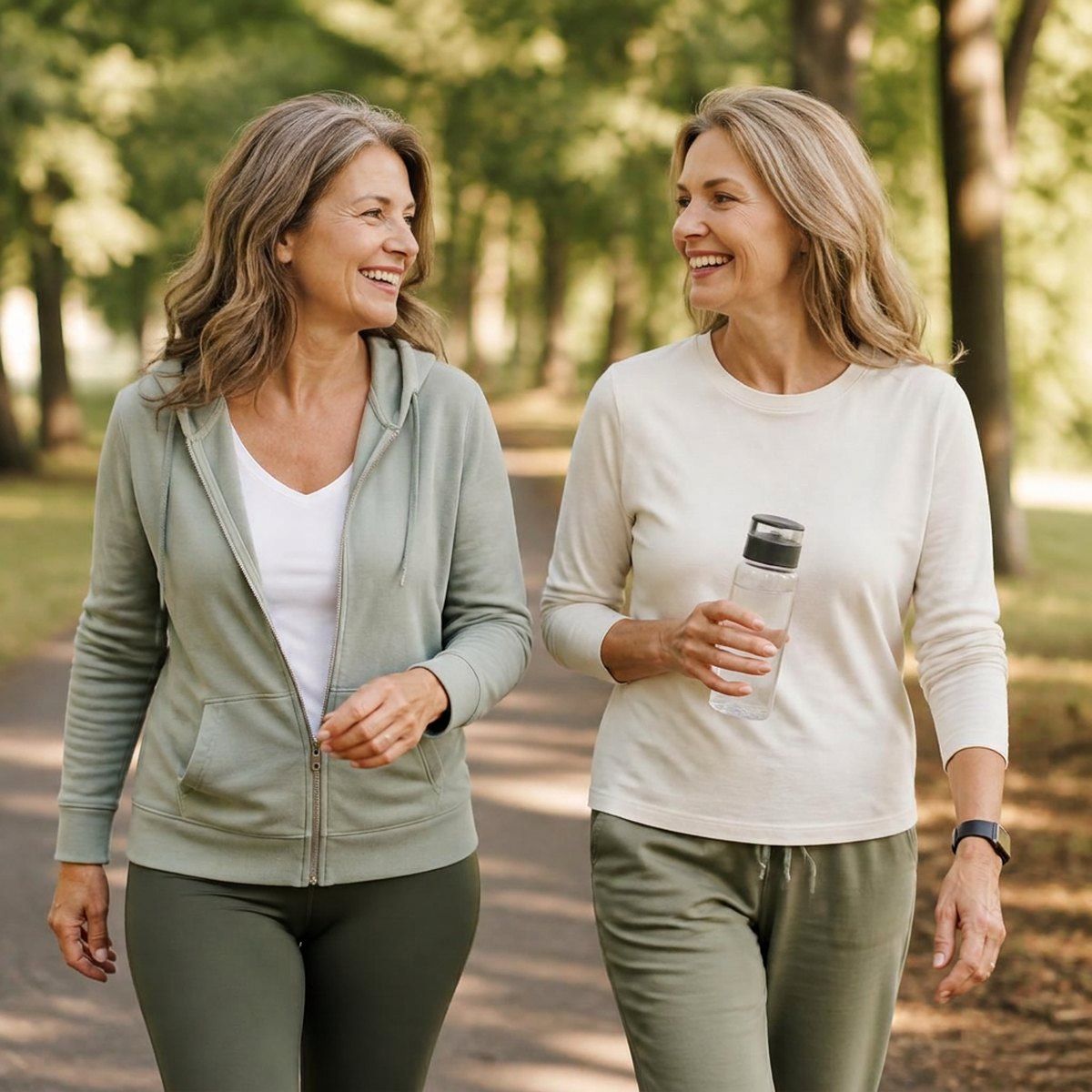 Two women in their fifties walking together on a quiet path on a bright morning