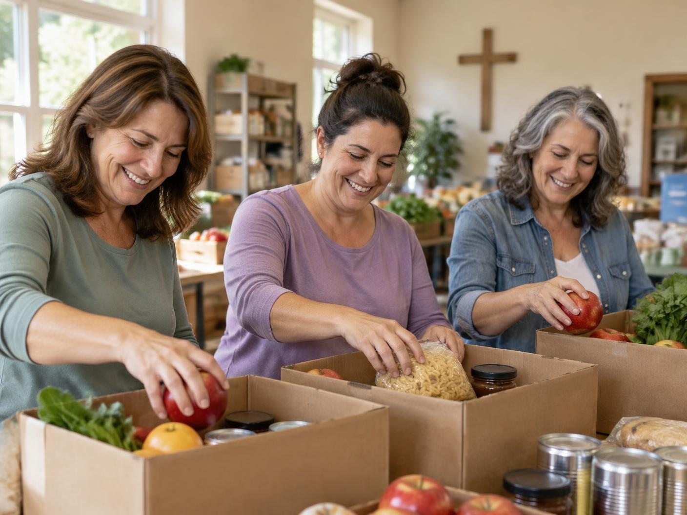 Three women in their late forties and fifties packing boxes of groceries together at a community food pantry