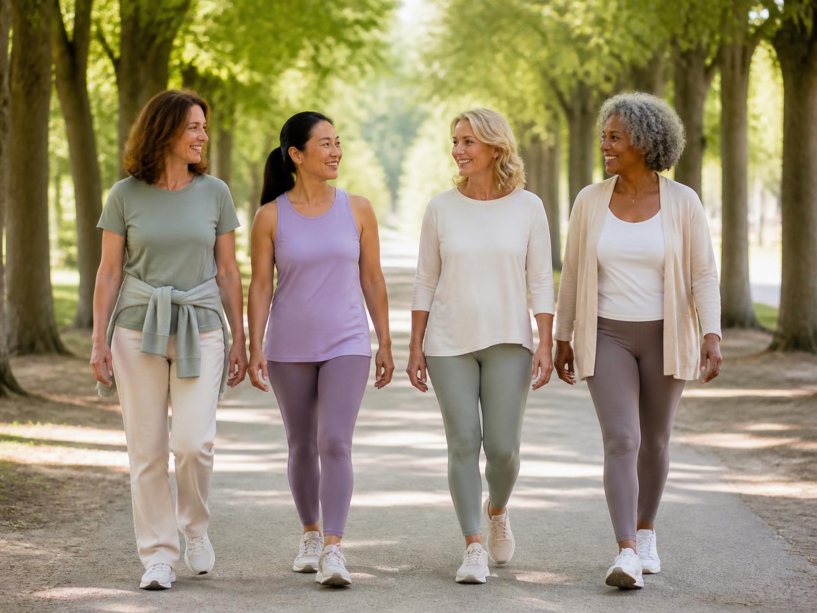 Four women in their forties, fifties and sixties walking and laughing together along a tree-lined path in morning light