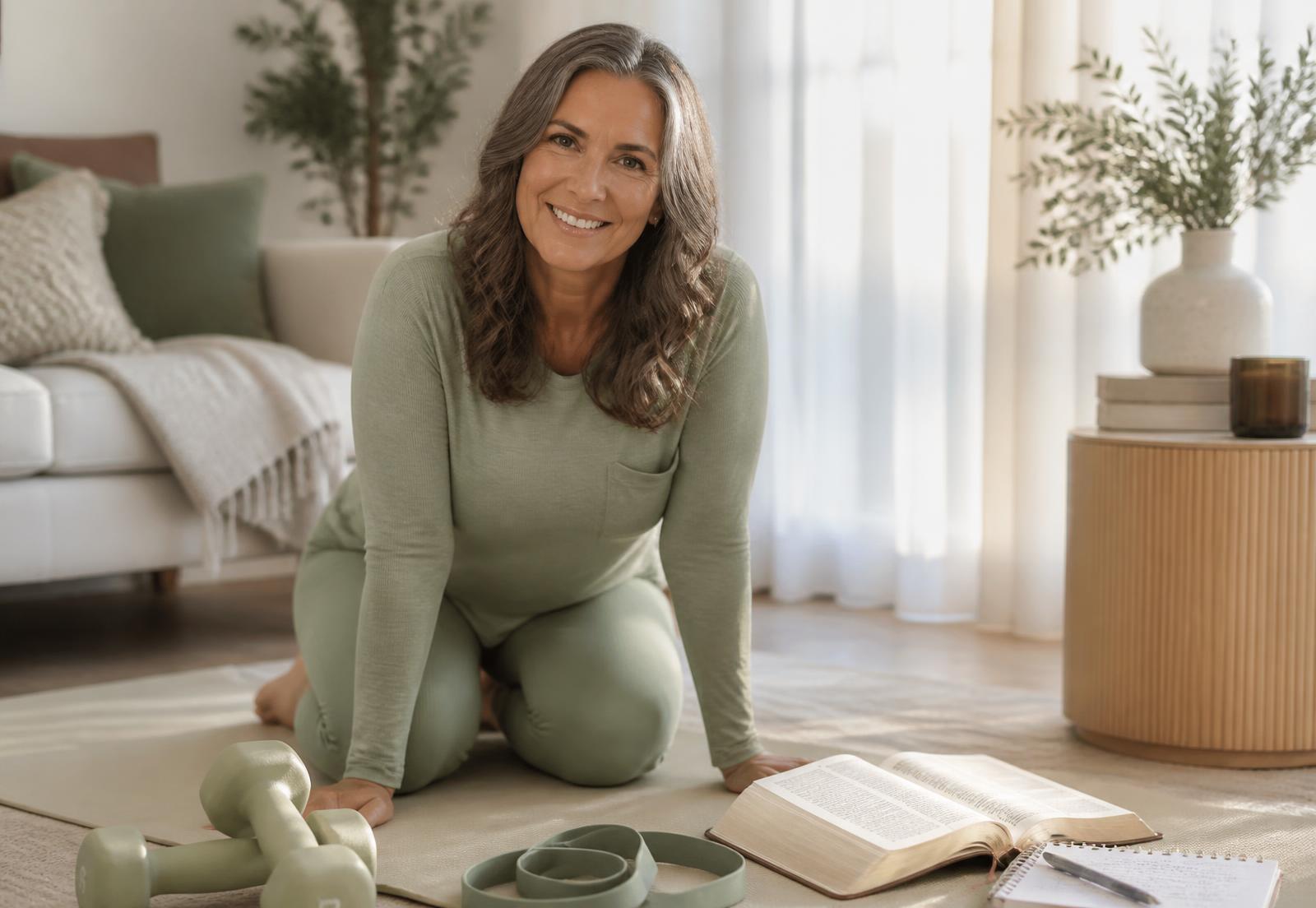 A woman in her fifties kneeling on an exercise mat beside light dumbbells, a resistance band and an open Bible in warm morning light