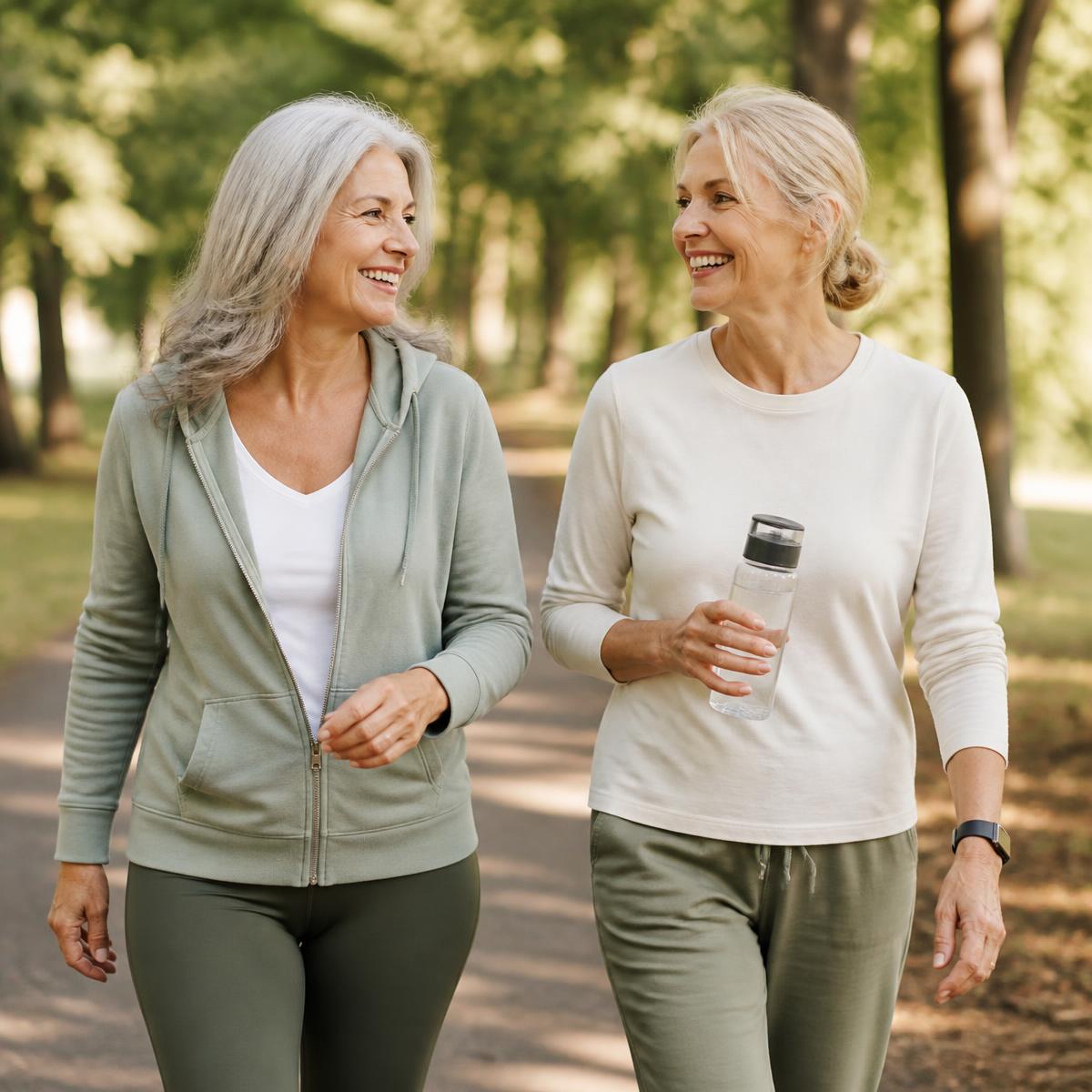 Two women in their fifties walking together along a tree-lined path in morning light