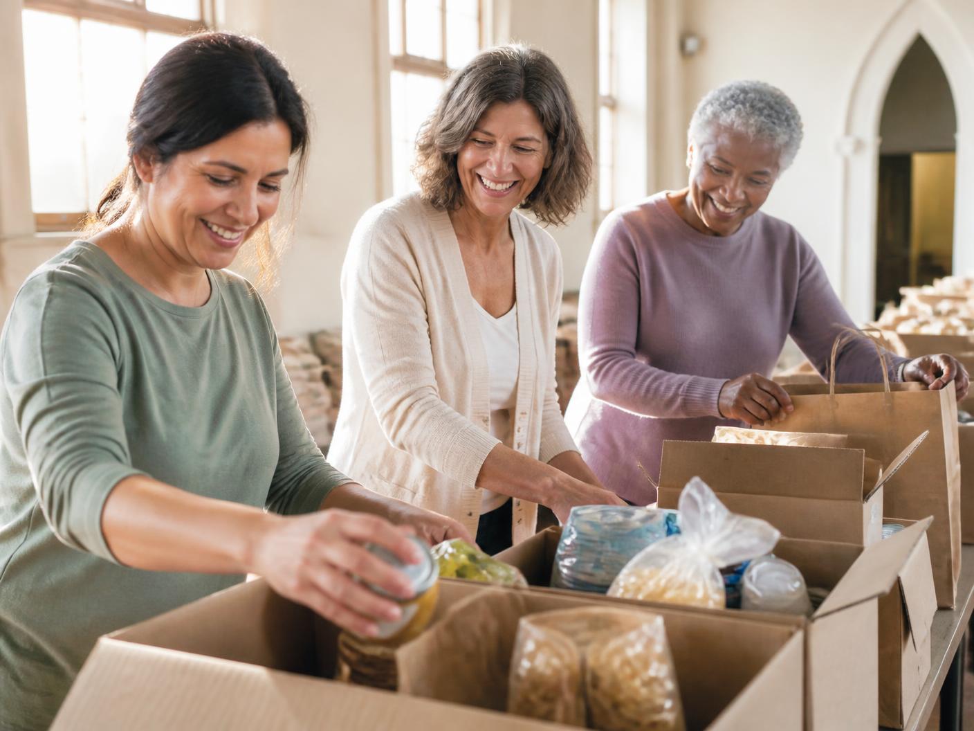 Three women in their forties, fifties and sixties packing boxes of groceries together at a community food pantry
