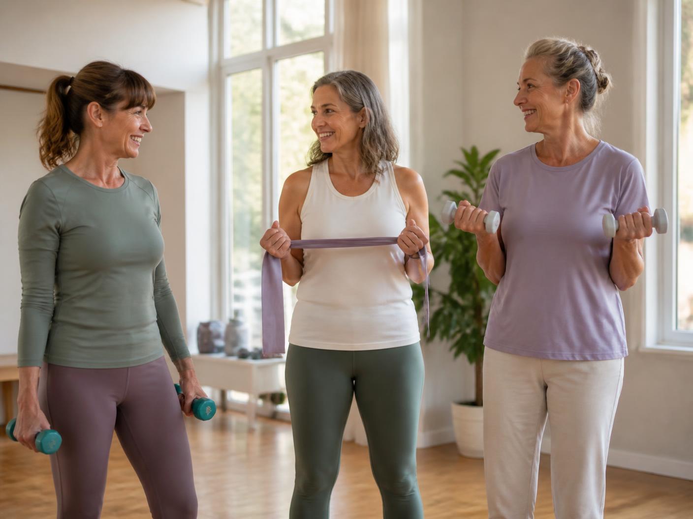 Three women in their late forties and fifties lifting light dumbbells and using a resistance band together in a bright home studio