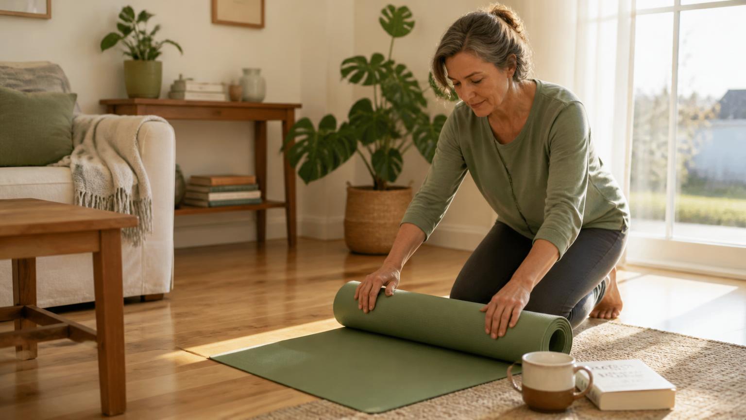 A woman in her fifties rolling up an exercise mat in a sunlit living room beside a coffee cup and a book