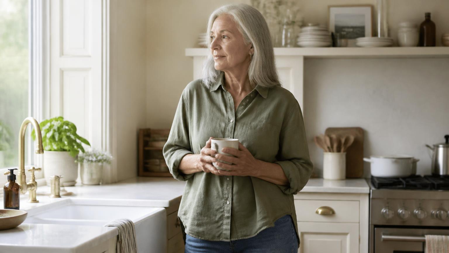 A woman in her sixties standing in a sunlit kitchen with a mug of coffee, looking calm and content