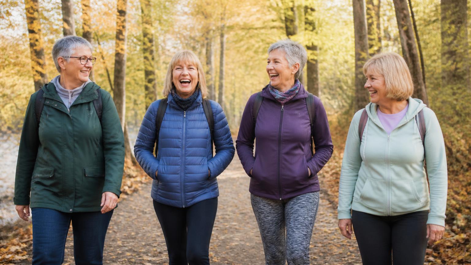 Four women in their fifties to seventies laughing together while walking a wooded trail in autumn light