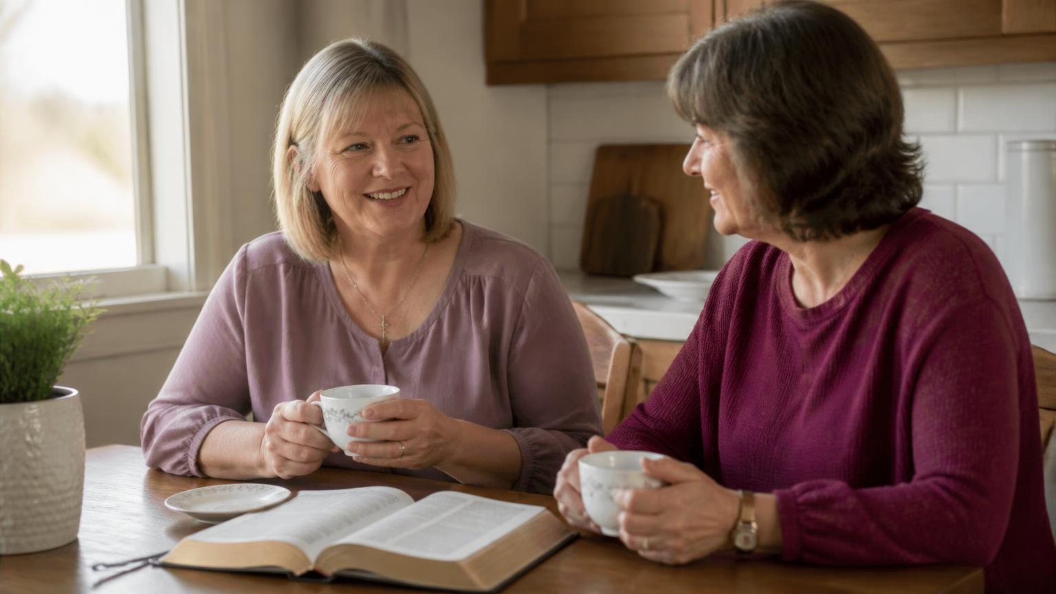 Two women in their fifties sitting at a kitchen table with tea and an open Bible, talking warmly