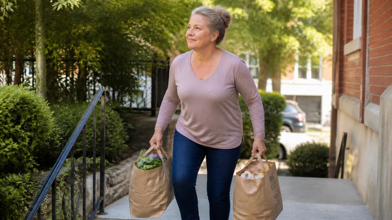 A woman in her late fifties carrying two bags of groceries up outdoor steps in daylight